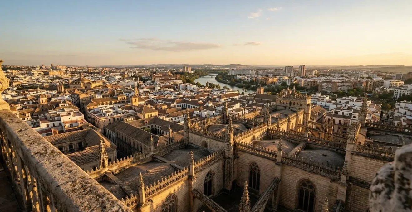 Vue panoramique depuis le sommet de la Giralda de Séville au coucher du soleil montrant les toits de la ville et la cathédrale