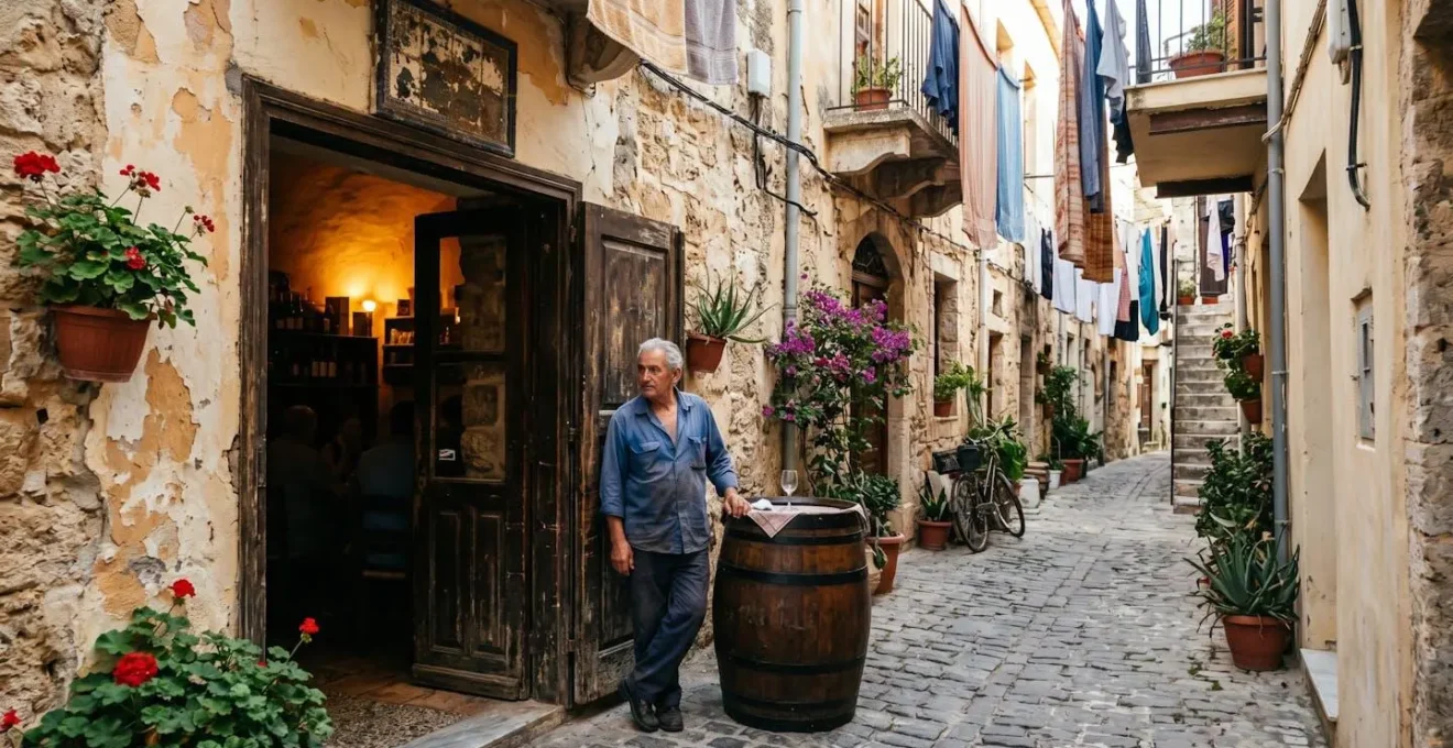 Façade discrète d'une bodega traditionnelle avec porte en bois usé et plaque céramique ancienne