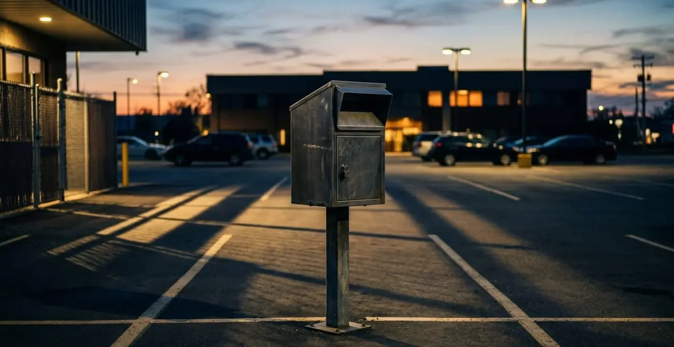 Boîte de dépôt métallique pour clés dans un parking d'agence de location au crépuscule