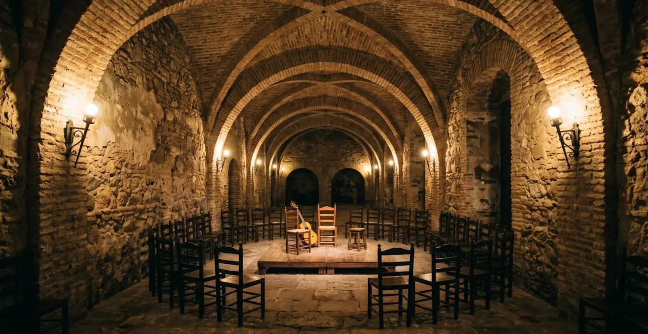 Intérieur d'un caveau voûté en briques anciennes aménagé en tablao flamenco intimiste