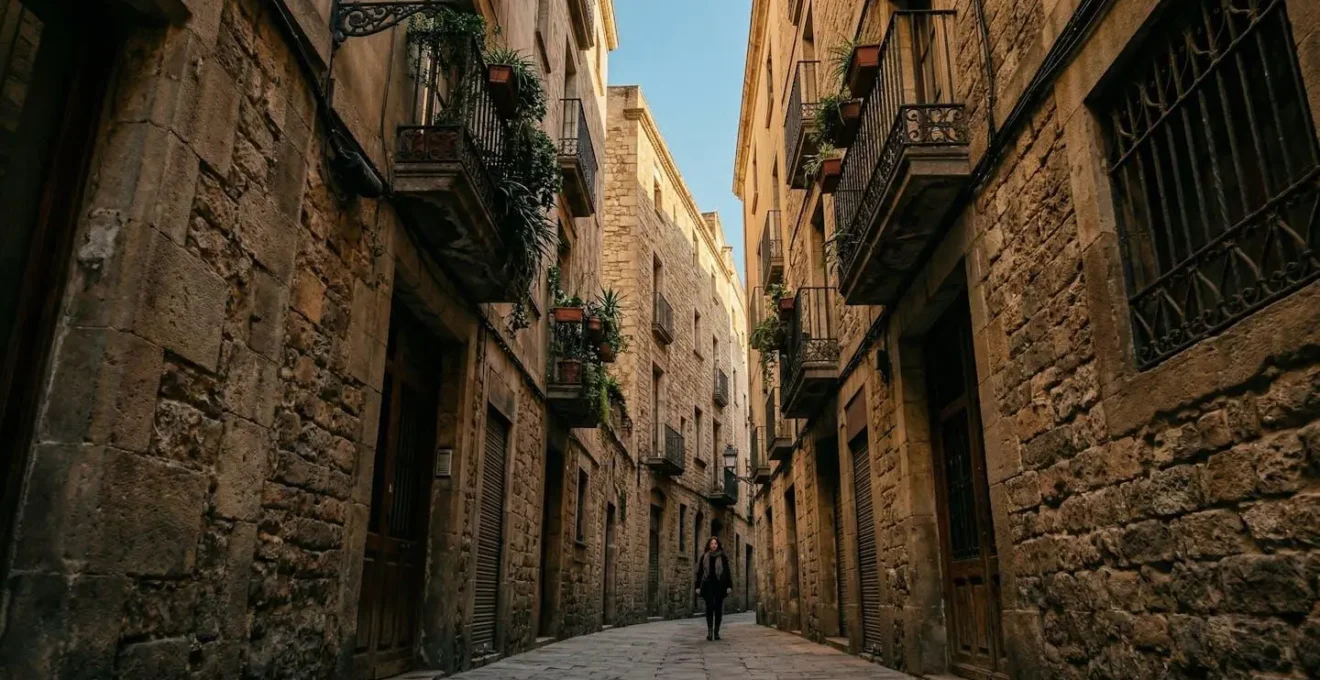 Ruelle étroite du Barri Gòtic de Barcelone avec architecture médiévale, lumière dorée filtrant entre les bâtiments anciens et passants locaux