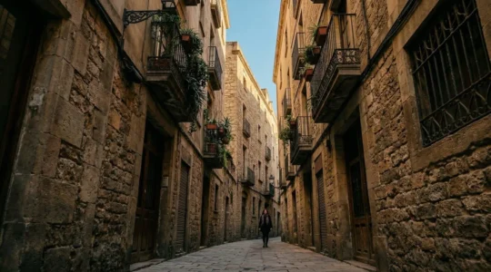 Ruelle étroite du Barri Gòtic de Barcelone avec architecture médiévale, lumière dorée filtrant entre les bâtiments anciens et passants locaux