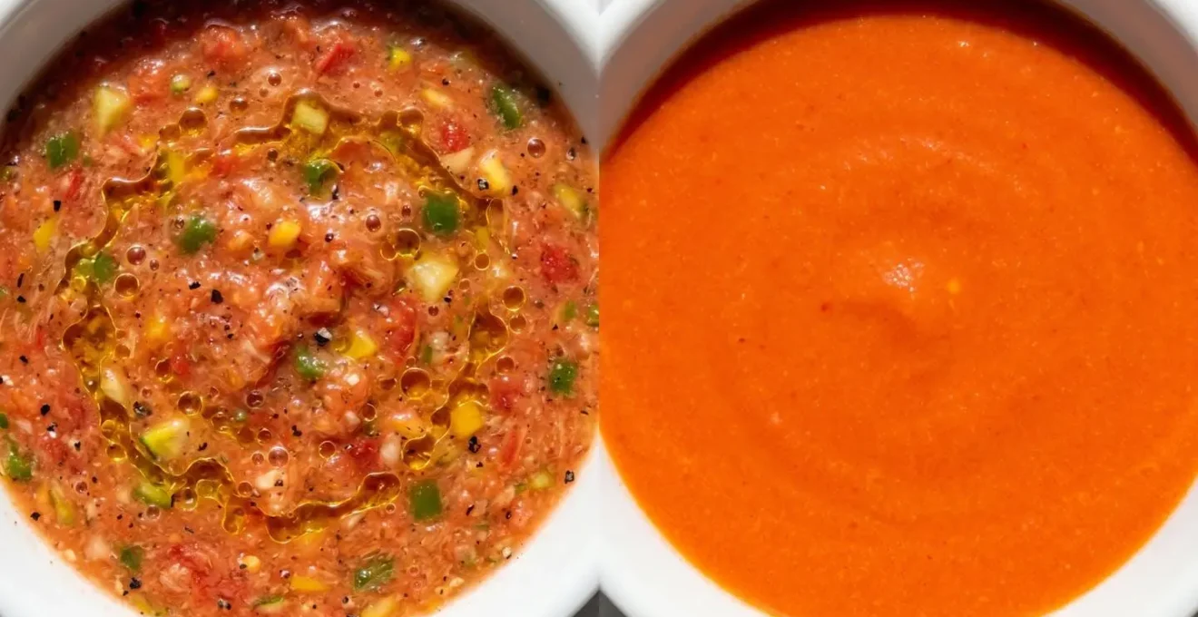 Comparaison visuelle entre la texture vivante d'un gaspacho artisanal et la surface lisse d'une version industrielle