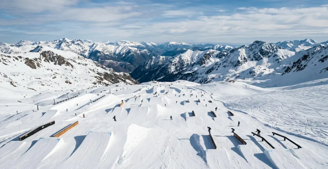 Snowpark avec modules de freestyle et adolescents en action sur rails et kickers, montagnes espagnoles en arrière-plan