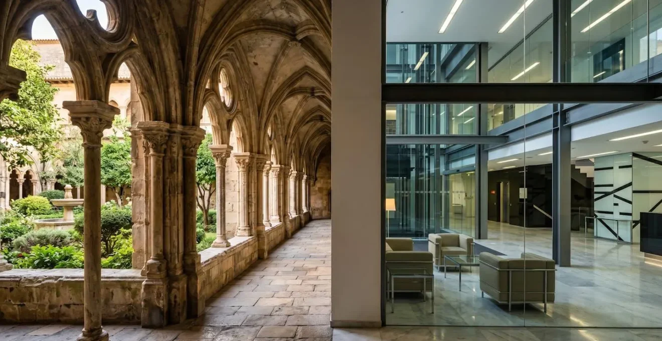 Vue comparative entre un cloître de parador historique et un hall d'hôtel moderne