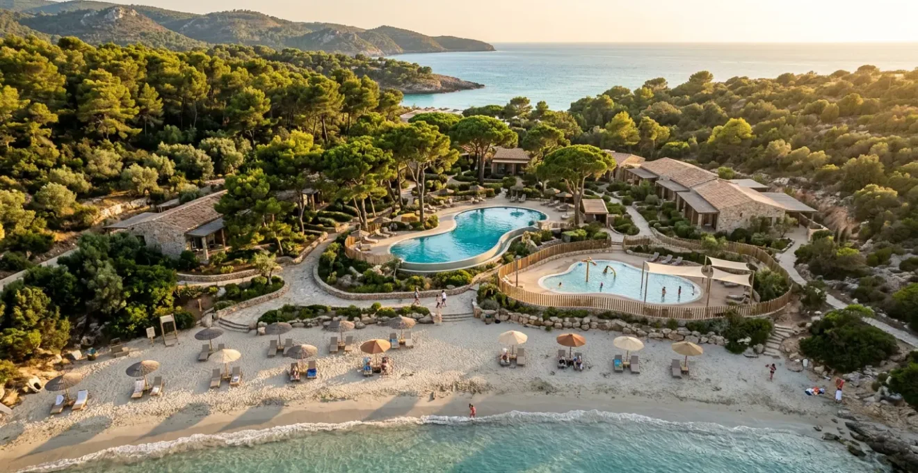 Vue aérienne d'un complexe balnéaire avec pataugeoire sécurisée et plage familiale