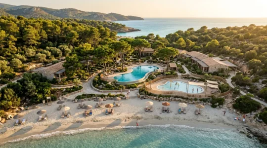 Vue aérienne d'un complexe balnéaire avec pataugeoire sécurisée et plage familiale