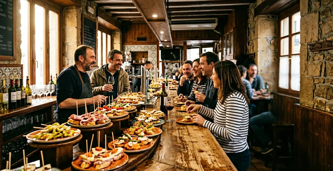 Comptoir de bar basque traditionnel avec pintxos colorés disposés sur des plateaux