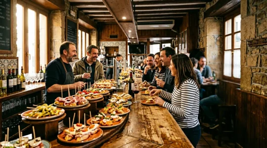 Comptoir de bar basque traditionnel avec pintxos colorés disposés sur des plateaux