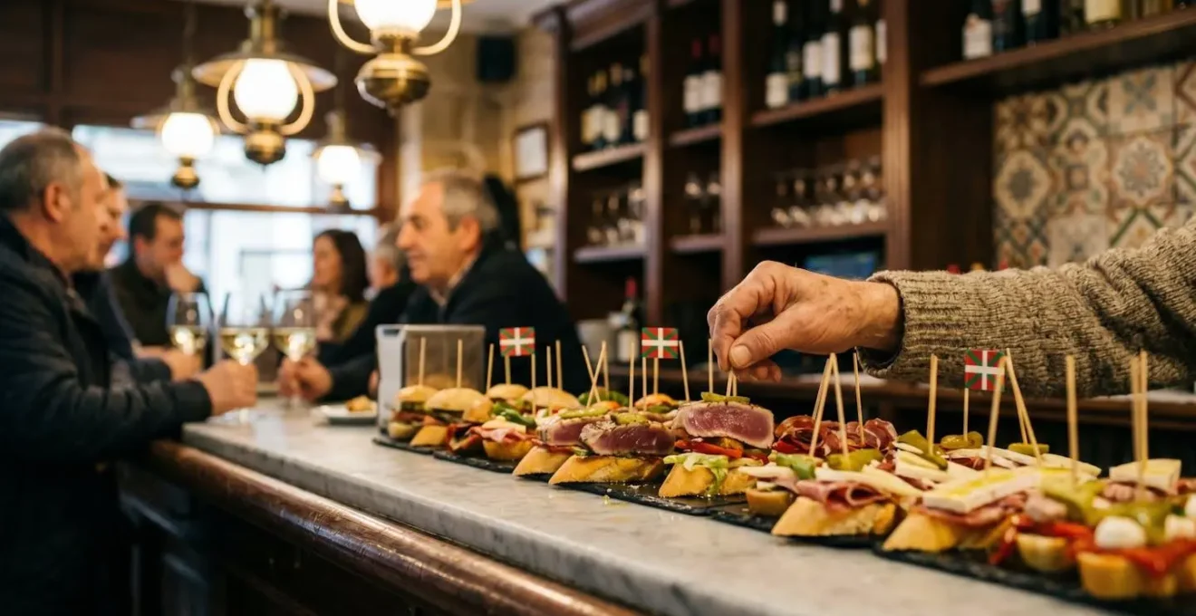 Comptoir de bar à pintxos traditionnel du Pays Basque avec brochettes colorées sur assiettes blanches