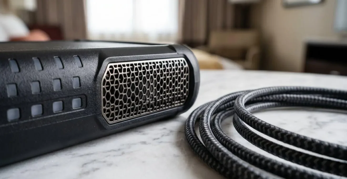Configuration professionnelle avec routeur 5G portable et câbles Ethernet dans une chambre d'hôtel