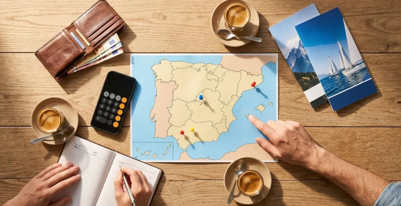 Couple planifiant des excursions premium sur une carte d'Espagne avec calculatrice et brochures touristiques