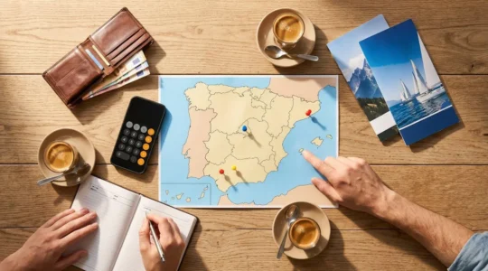 Couple planifiant des excursions premium sur une carte d'Espagne avec calculatrice et brochures touristiques