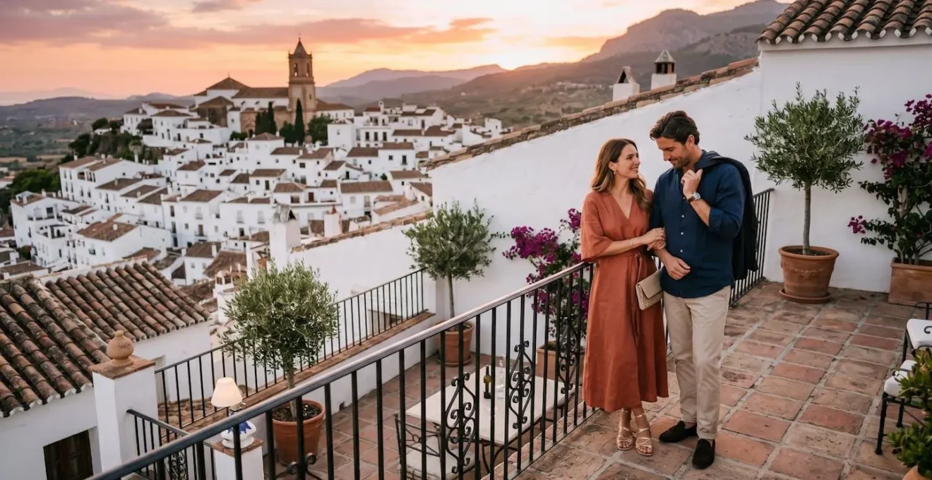 Couple sur une terrasse espagnole au coucher du soleil préparant une sortie romantique