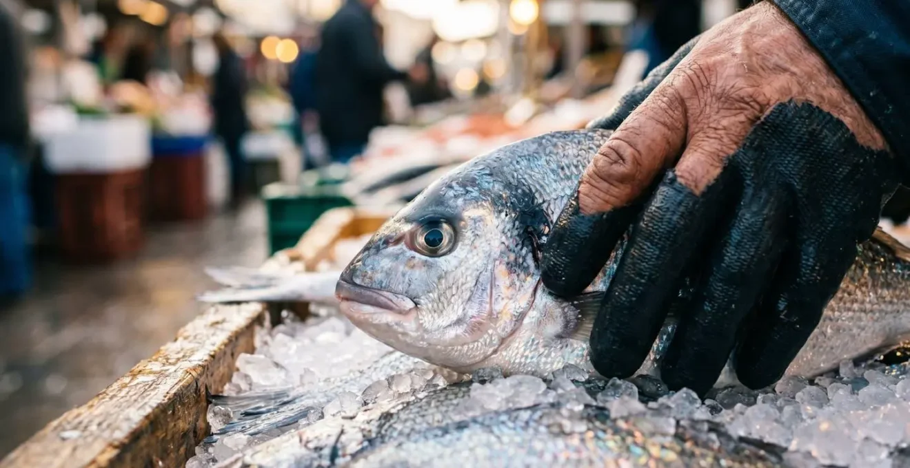 Étal de poissons frais sur glace pilée au marché matinal avec pêcheur en ciré jaune