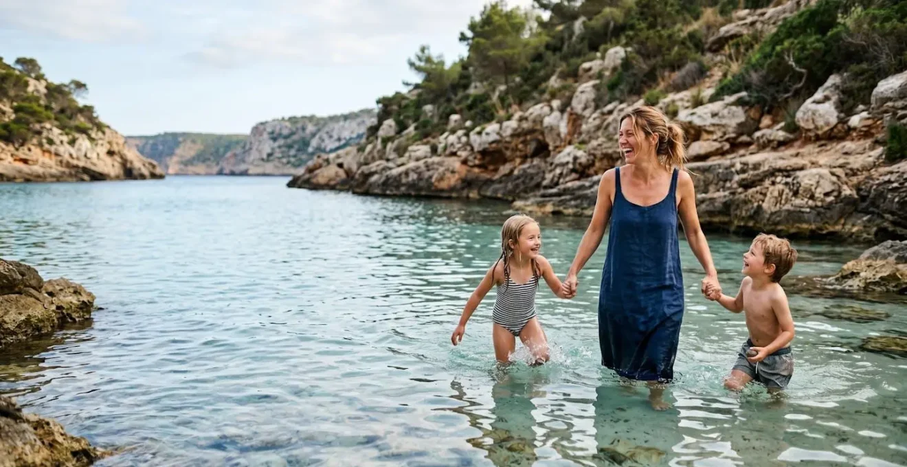 Crique sauvage du nord d'Ibiza avec une famille se baignant dans les eaux turquoises
