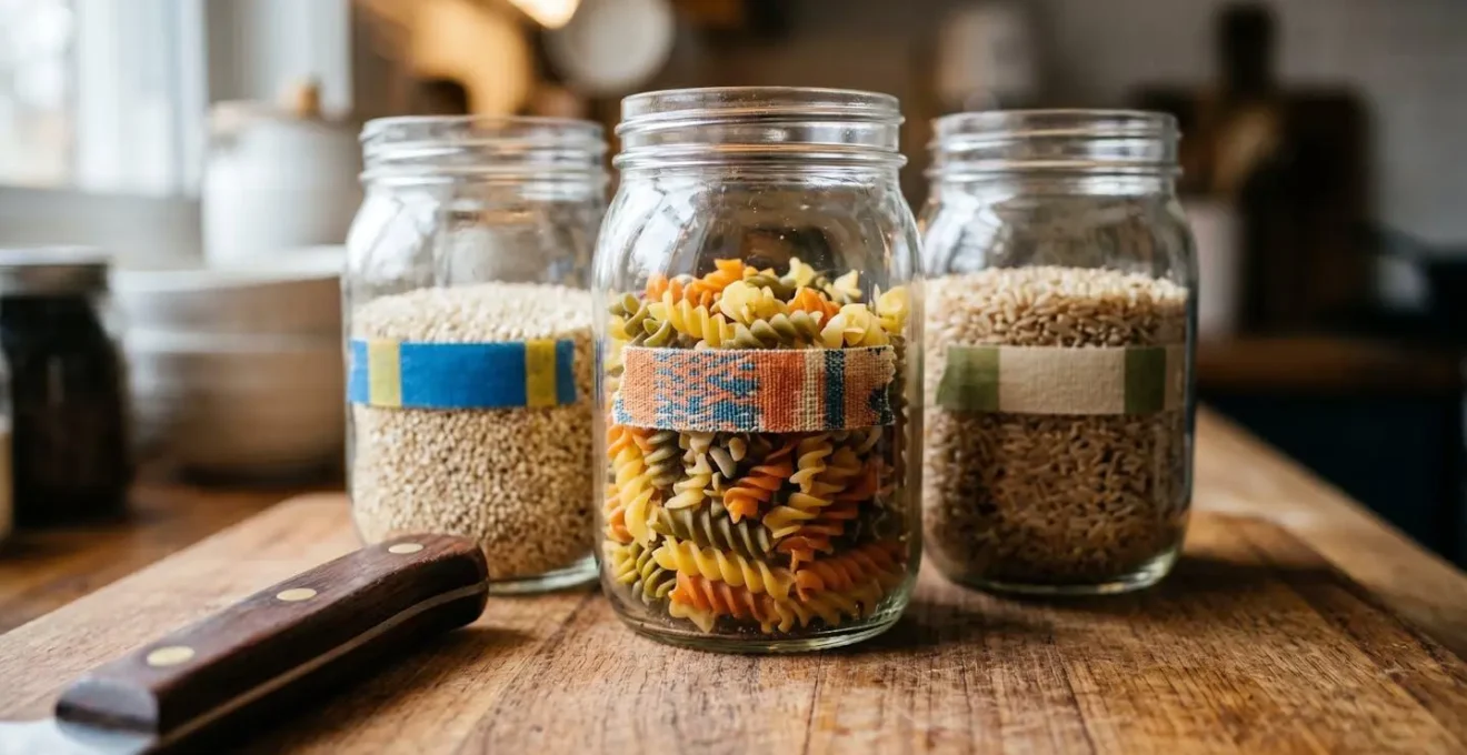 Vue macro d'un coin cuisine organisé avec des contenants hermétiques étiquetés et des ustensiles dédiés sans gluten