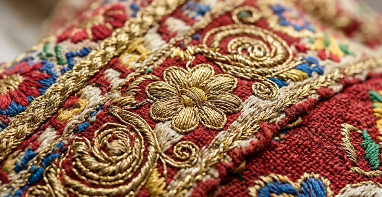 Détail macro d'un tissu traditionnel catalan brodé avec des motifs colorés et des textures complexes