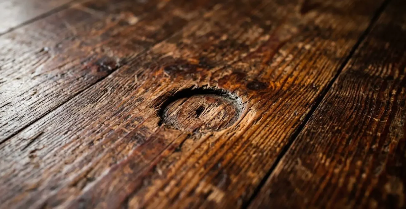 Texture détaillée du plancher en bois d'un tablao montrant les traces d'usure des percussions de pieds