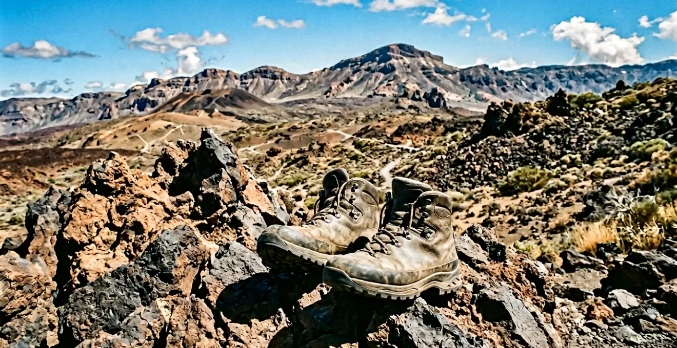 Chaussures de randonnée robustes posées sur des roches volcaniques tranchantes dans un paysage montagnard espagnol