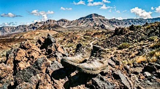 Chaussures de randonnée robustes posées sur des roches volcaniques tranchantes dans un paysage montagnard espagnol