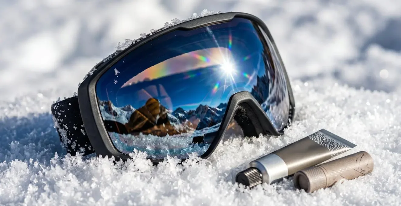 Détail macro de lunettes de ski catégorie 4 reflétant le soleil intense espagnol sur fond de neige brillante
