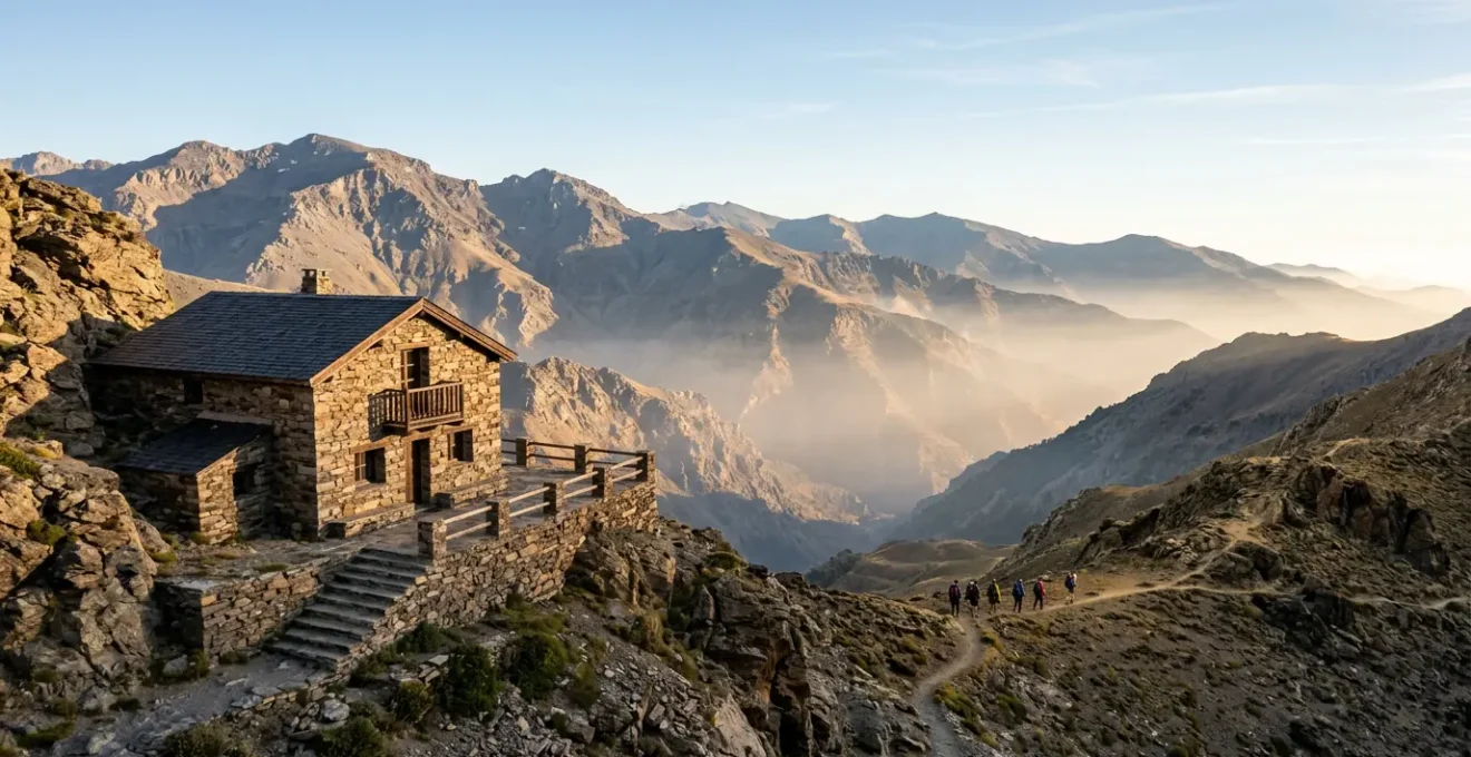 Refuge de montagne andalou perché dans la Sierra Nevada au lever du soleil, atmosphère sereine propice à la récupération sportive