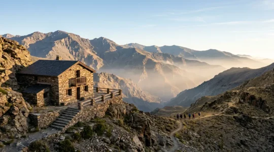 Refuge de montagne andalou perché dans la Sierra Nevada au lever du soleil, atmosphère sereine propice à la récupération sportive