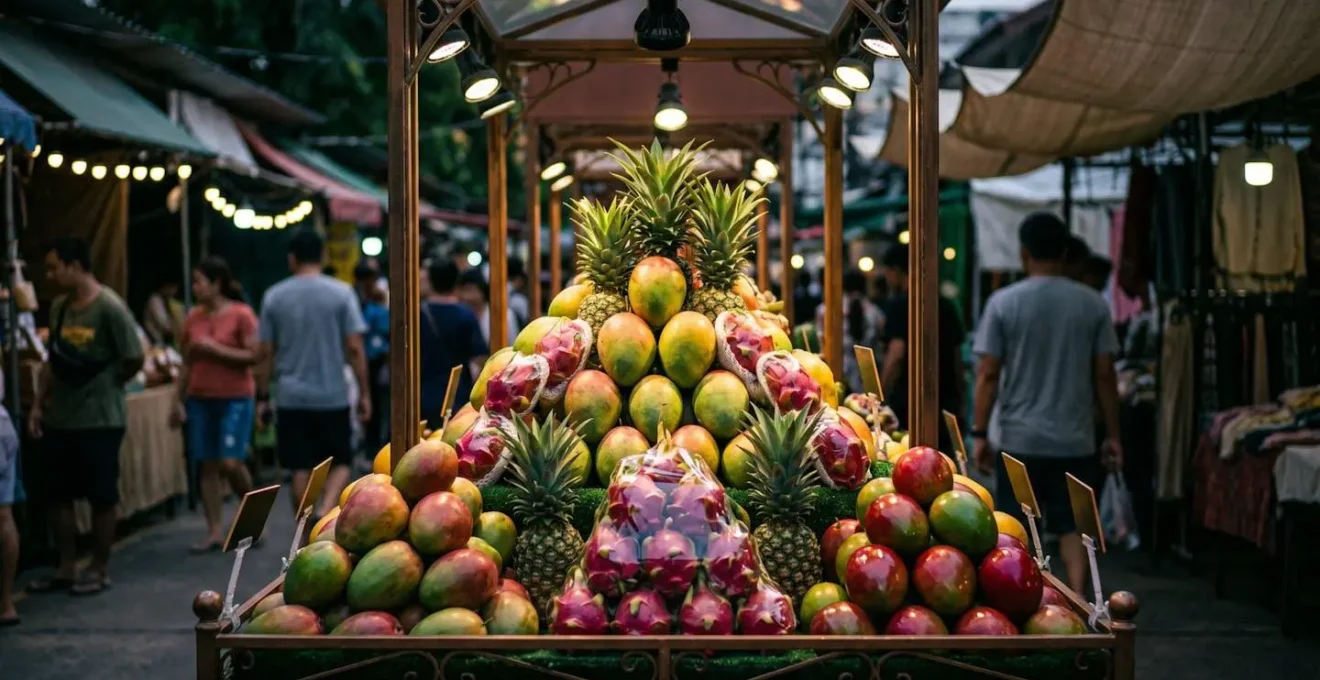 Étals de fruits exotiques colorés avec éclairage théâtral à l'entrée d'un marché, symbolisant un piège à touristes.
