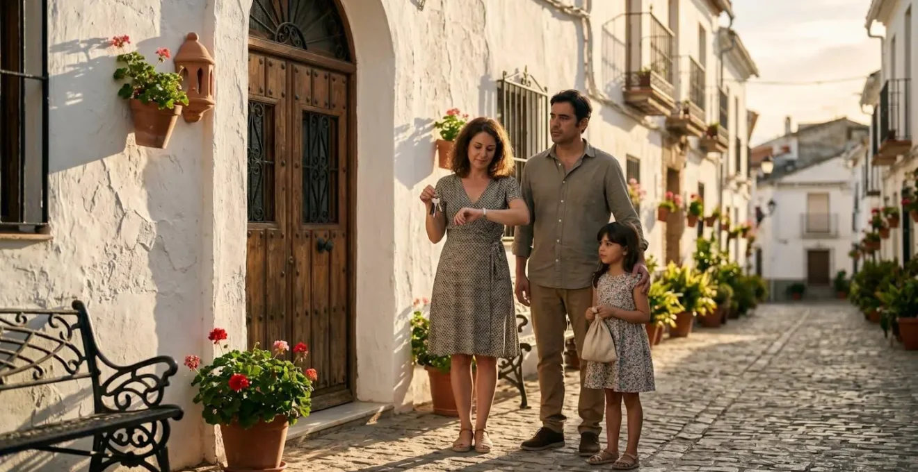 Famille espagnole attendant devant l'entrée de leur maison traditionnelle en fin d'après-midi