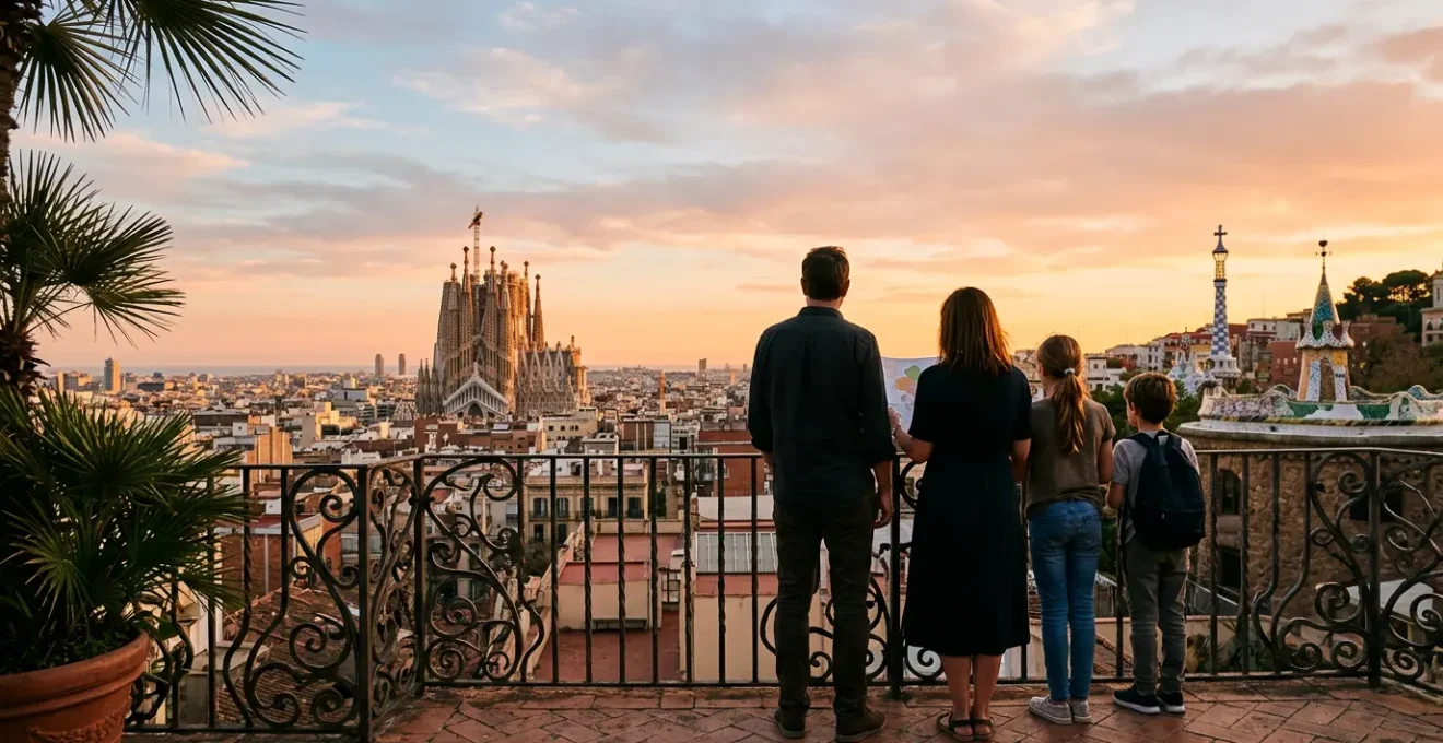 Famille contemplant les monuments de Gaudí à Barcelone avec réflexion sur le budget