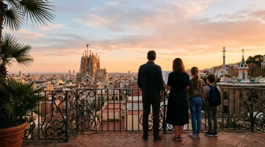 Famille contemplant les monuments de Gaudí à Barcelone avec réflexion sur le budget