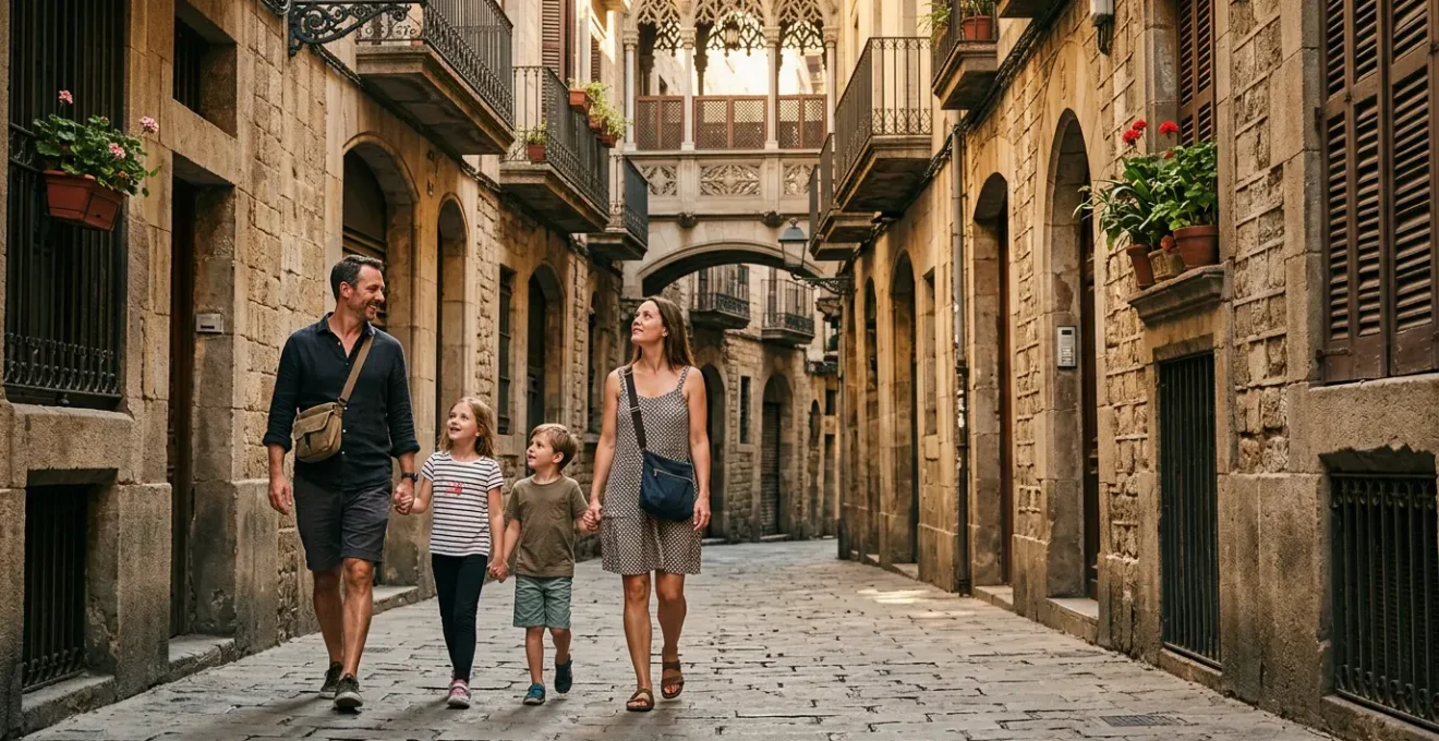 Famille détendue explorant les rues historiques de l'hypercentre catalan en toute sécurité