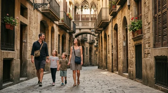 Famille détendue explorant les rues historiques de l'hypercentre catalan en toute sécurité