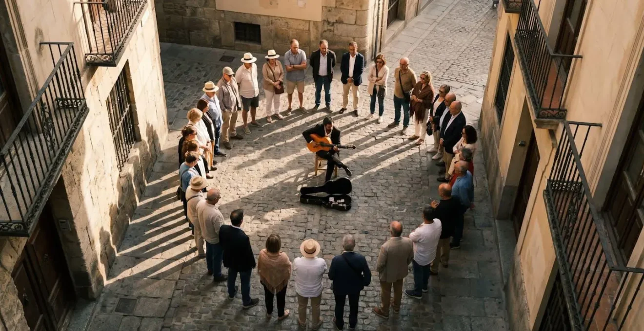 Cercle de spectateurs respectueux autour d'un guitariste flamenco dans une rue pavée andalouse