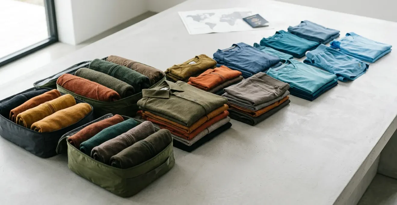 Valise ouverte avec vêtements techniques organisés en cubes de compression sur un fond de carte avec variations de paysages espagnols