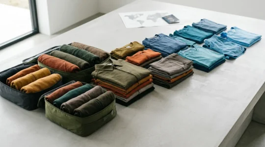Valise ouverte avec vêtements techniques organisés en cubes de compression sur un fond de carte avec variations de paysages espagnols