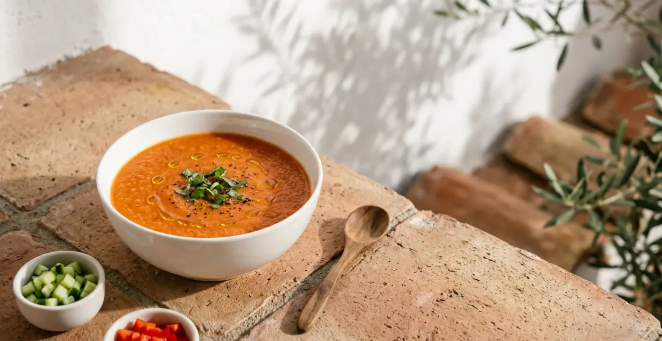Bol de gaspacho andalou servi frais avec huile d'olive et légumes en dés
