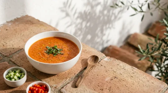 Bol de gaspacho andalou servi frais avec huile d'olive et légumes en dés
