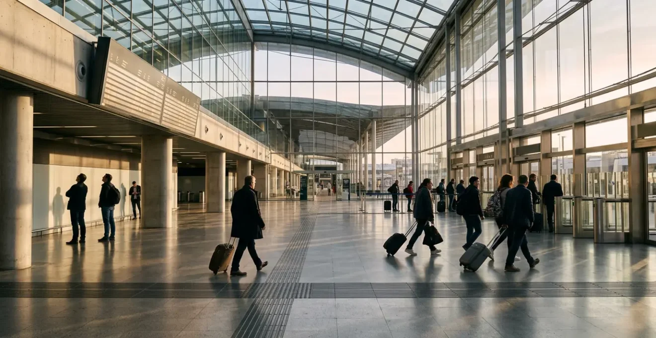 Hall d'embarquement moderne d'une gare ferroviaire espagnole avec voyageurs et leurs valises