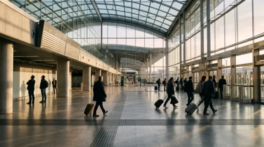 Hall d'embarquement moderne d'une gare ferroviaire espagnole avec voyageurs et leurs valises