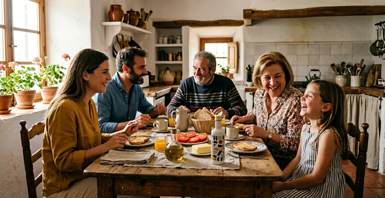 Petit-déjeuner familial convivial dans une maison espagnole traditionnelle avec échange chaleureux entre hôtes et invités