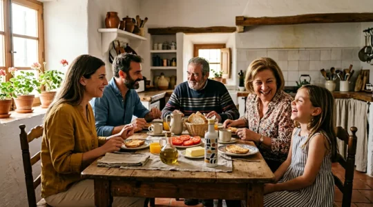 Petit-déjeuner familial convivial dans une maison espagnole traditionnelle avec échange chaleureux entre hôtes et invités