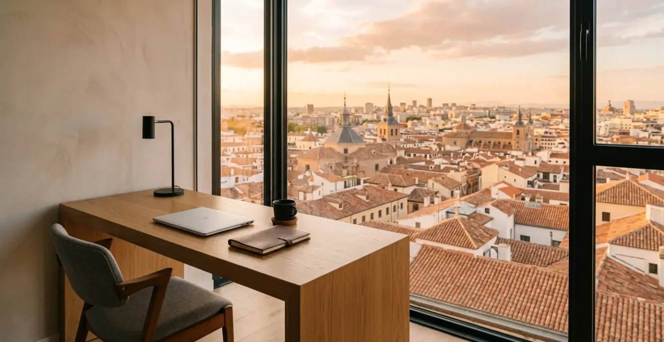 Espace de travail élégant dans un hôtel d'affaires avec vue sur les toits de Madrid