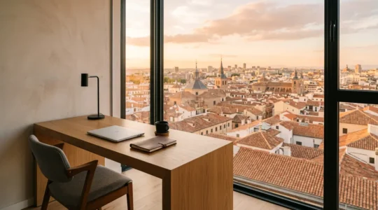 Espace de travail élégant dans un hôtel d'affaires avec vue sur les toits de Madrid