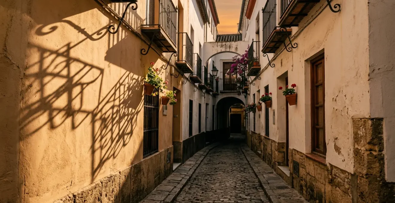 Vue d'une ruelle étroite du quartier Santa Cruz de Séville avec architecture médiévale et jeux d'ombres