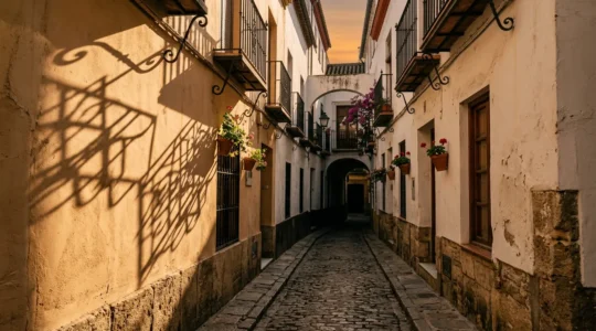 Vue d'une ruelle étroite du quartier Santa Cruz de Séville avec architecture médiévale et jeux d'ombres