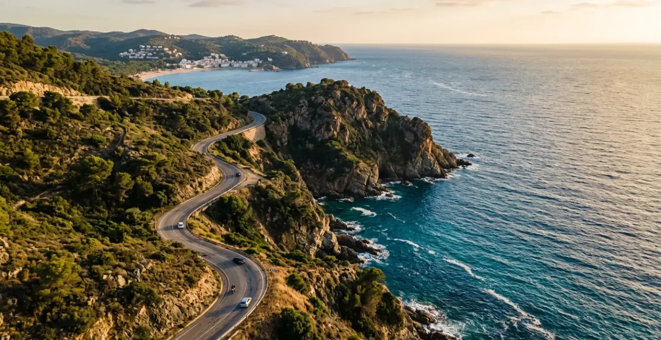 Vue aérienne d'une route côtière sinueuse le long des falaises de la Costa Brava au coucher du soleil