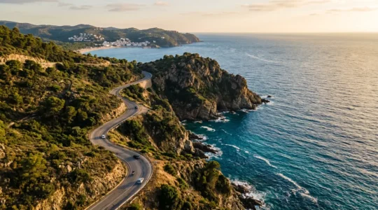 Vue aérienne d'une route côtière sinueuse le long des falaises de la Costa Brava au coucher du soleil