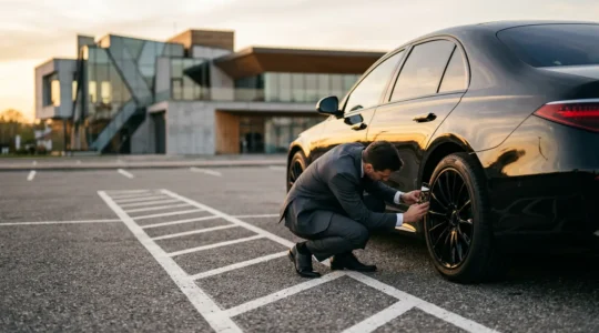 Inspection détaillée d'une berline de luxe avec reflets solaires sur la carrosserie